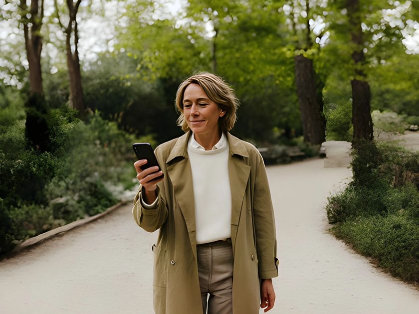 Woman looking at phone in forest