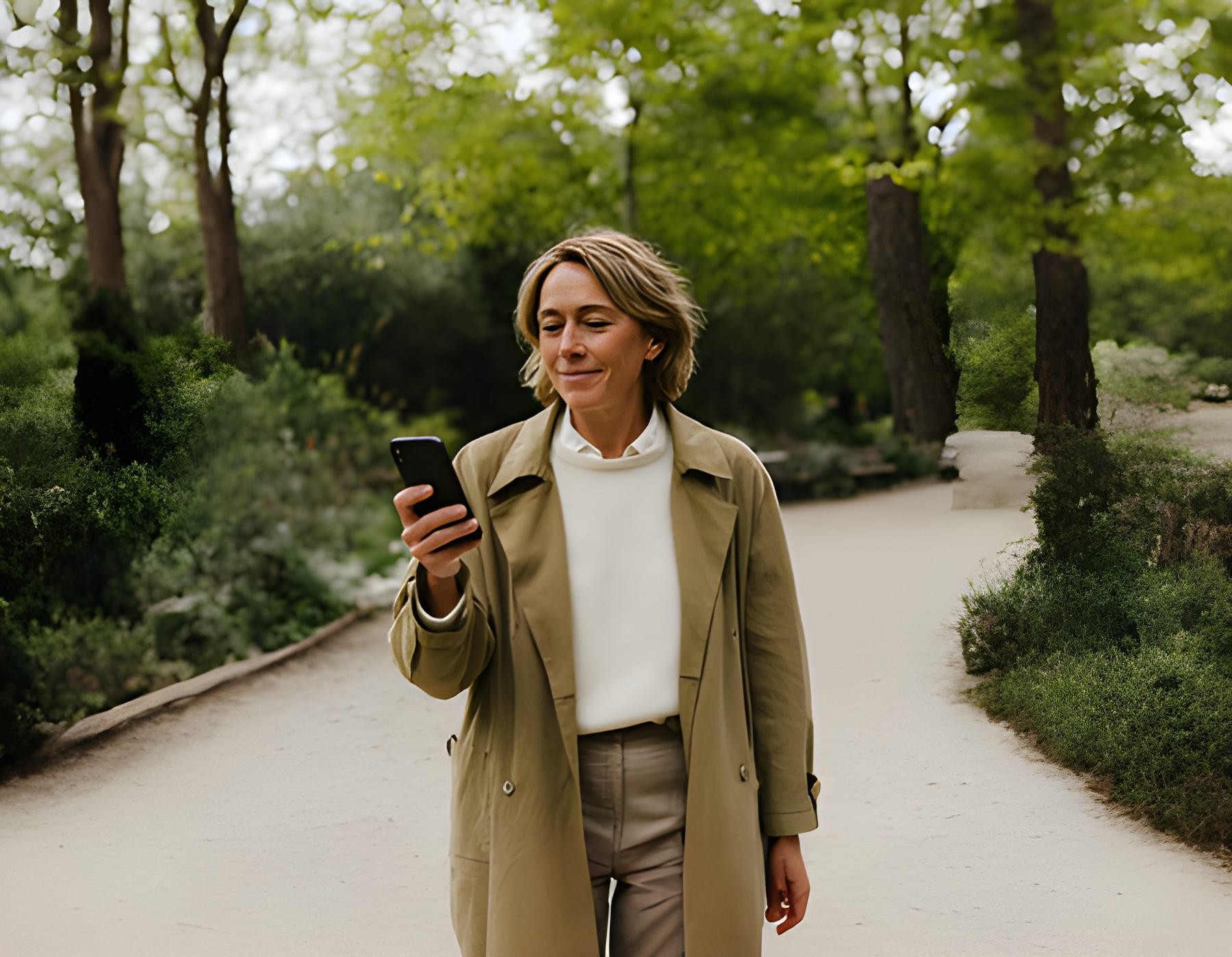 Woman looking at phone in forest