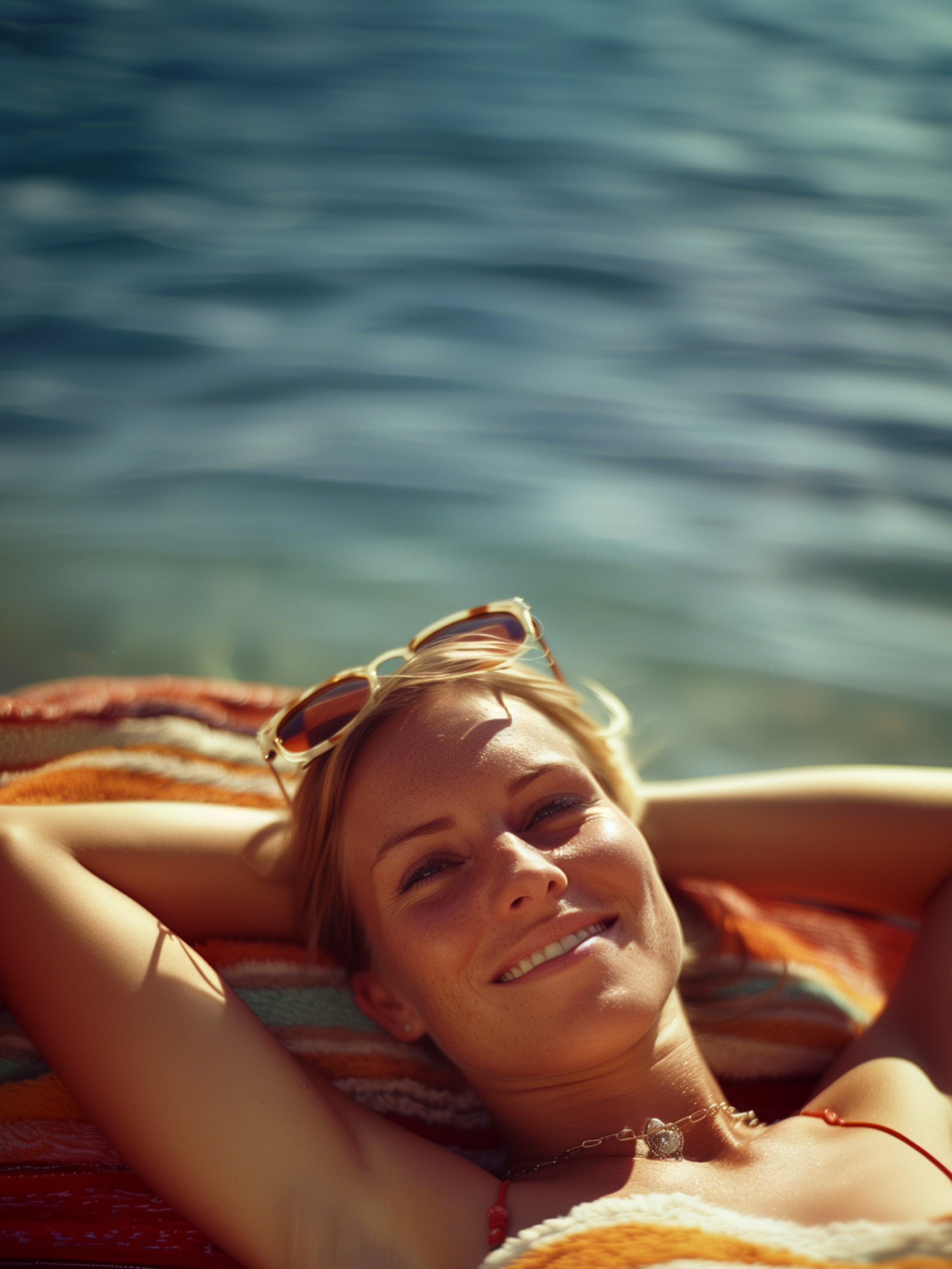 A woman smiles warmly as she relaxes on a colorful striped beach towel with her hands behind her head. The sea is visible in the background, and she has sunglasses resting on her hair.