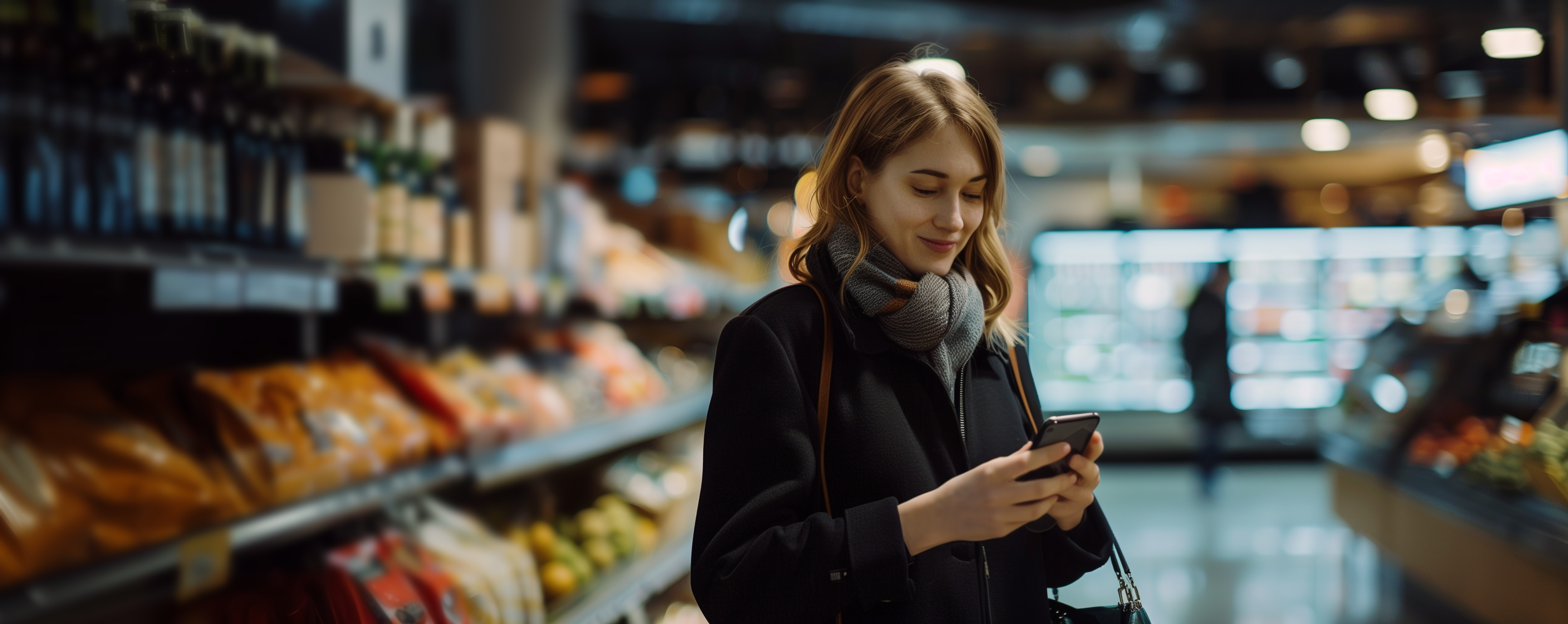 A woman in a coat and scarf smiles as she looks at her smartphone while standing in the aisle of a grocery store.