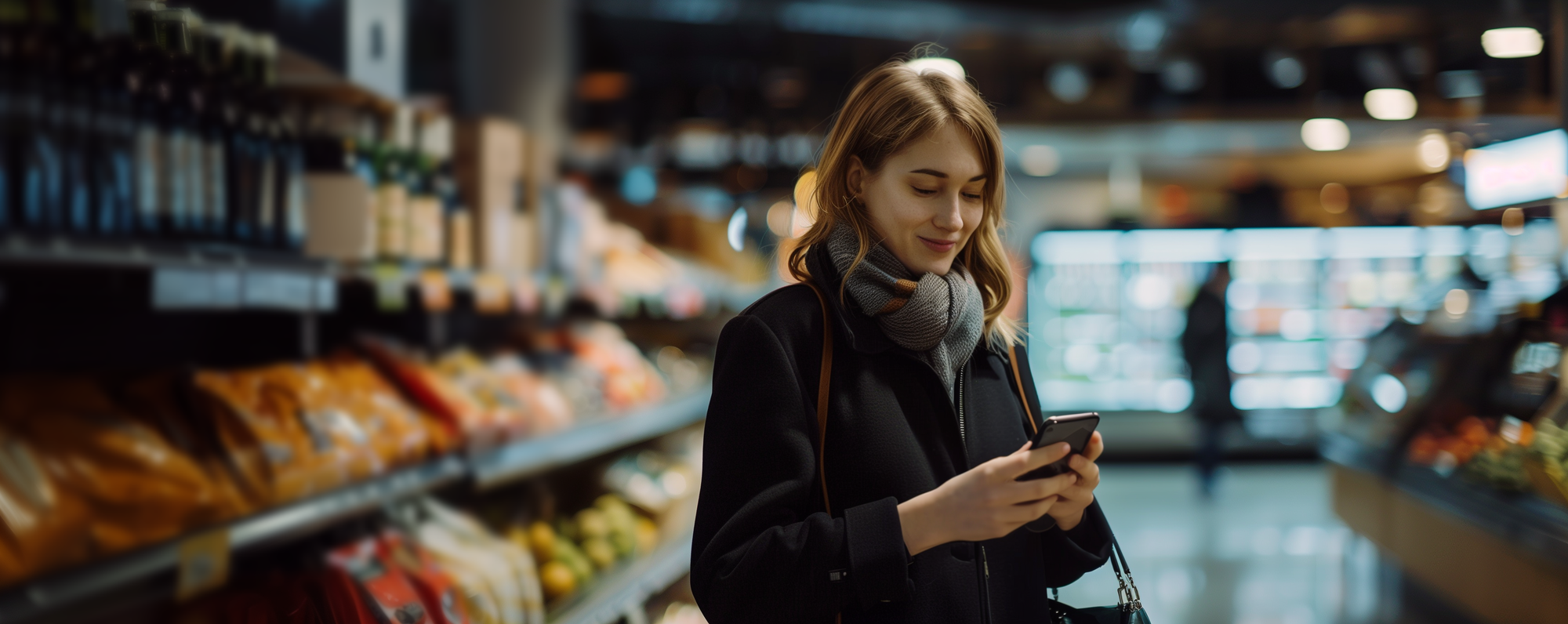 A woman in a coat and scarf smiles as she looks at her smartphone while standing in the aisle of a grocery store.