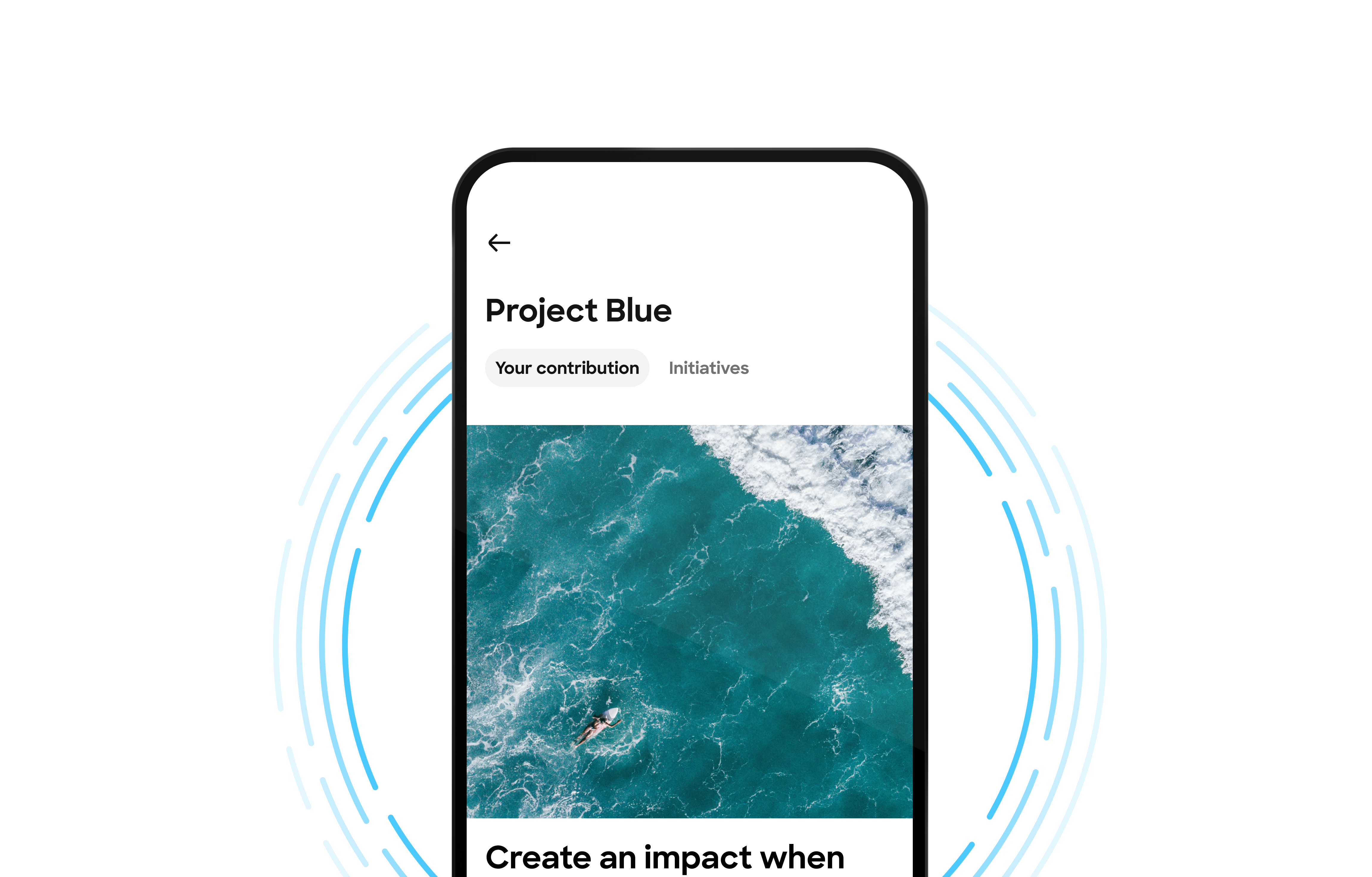 A screenshot of a mobile app screen for "Project Blue," showing an aerial photo of a person swimming in the ocean and tabs for "Your contribution" and "Initiatives."