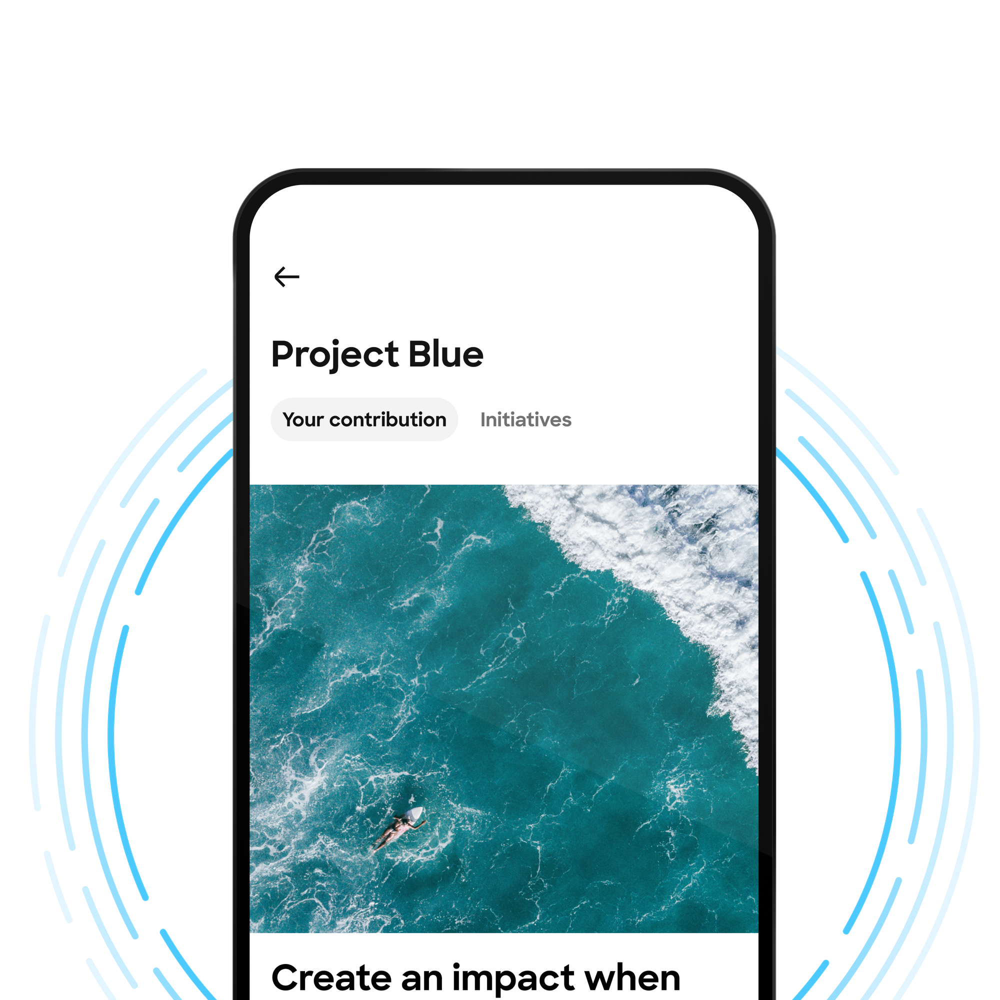 A screenshot of a mobile app screen for "Project Blue," showing an aerial photo of a person swimming in the ocean and tabs for "Your contribution" and "Initiatives."