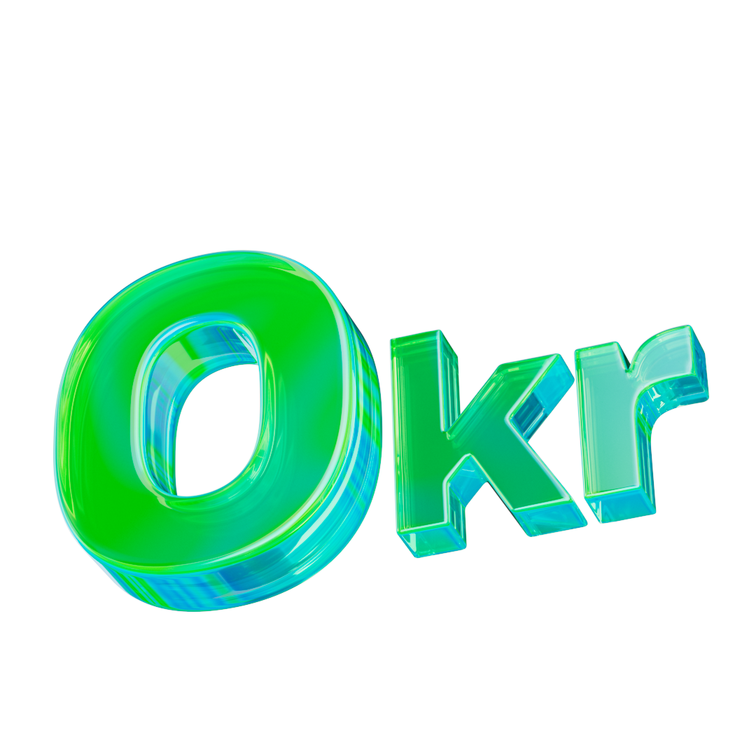 En 3D-grafik, der viser teksten "0 kr" i et blankt, grønt og blåt glaslignende materiale.