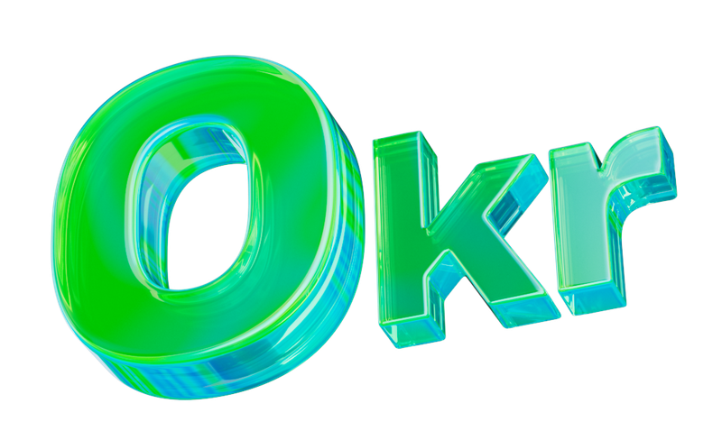 A 3D graphic showing the text "0 kr" in a glossy, green and blue glass-like material.