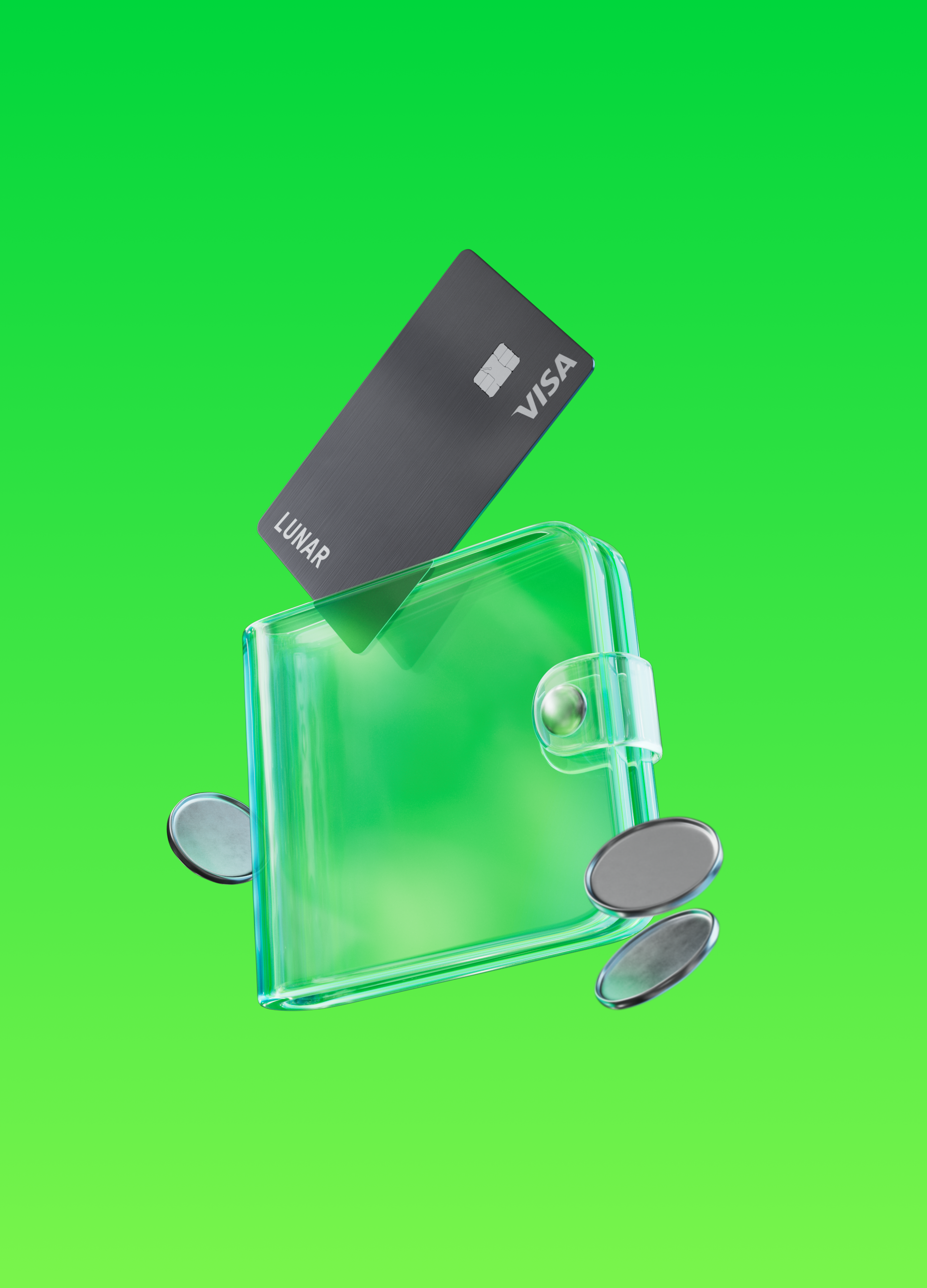 A 3D illustration of a black Lunar Visa card, a translucent green wallet, and three silver coins floating against a bright green background.