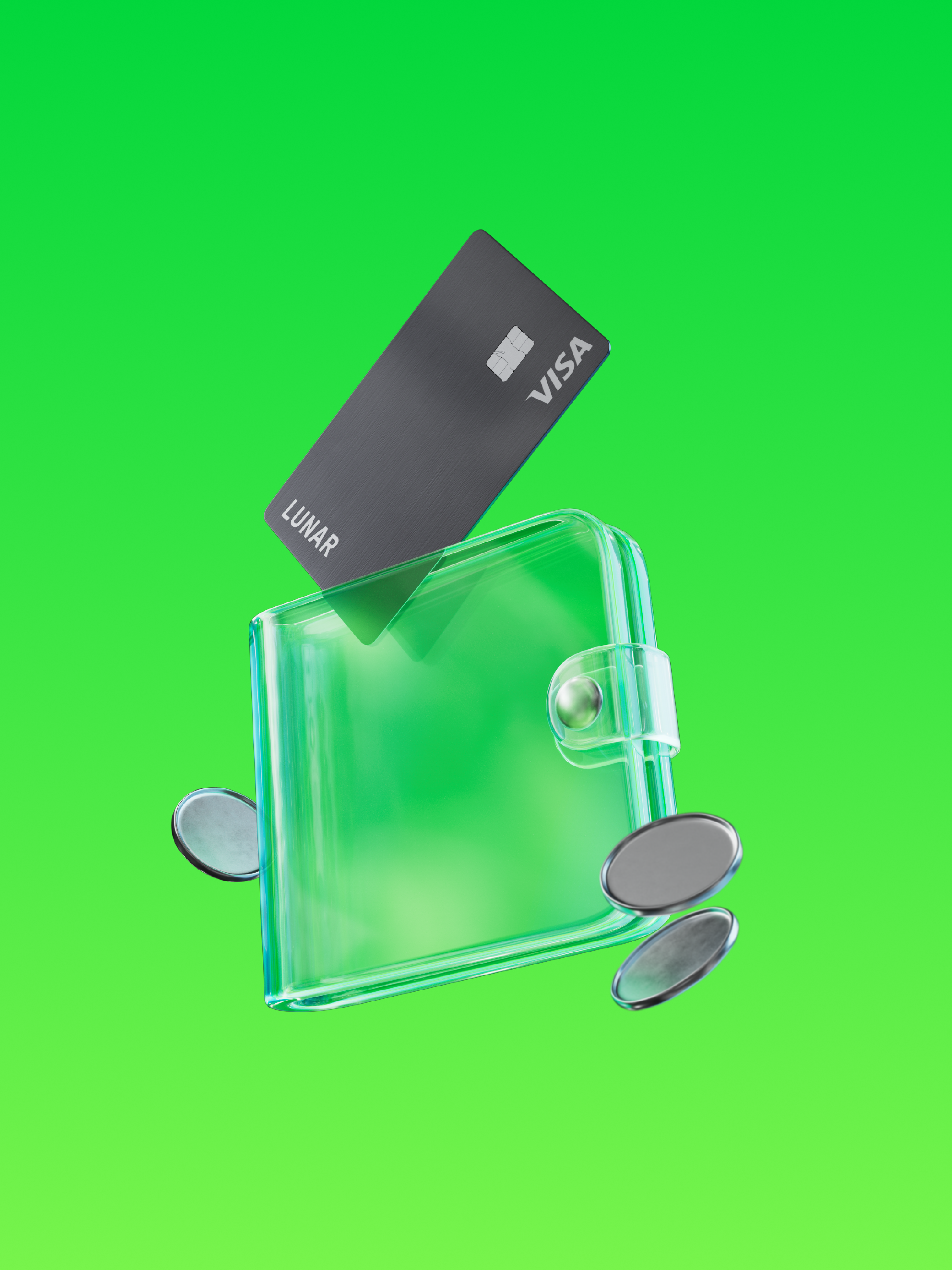 A 3D illustration of a black Lunar Visa card, a translucent green wallet, and three silver coins floating against a bright green background.