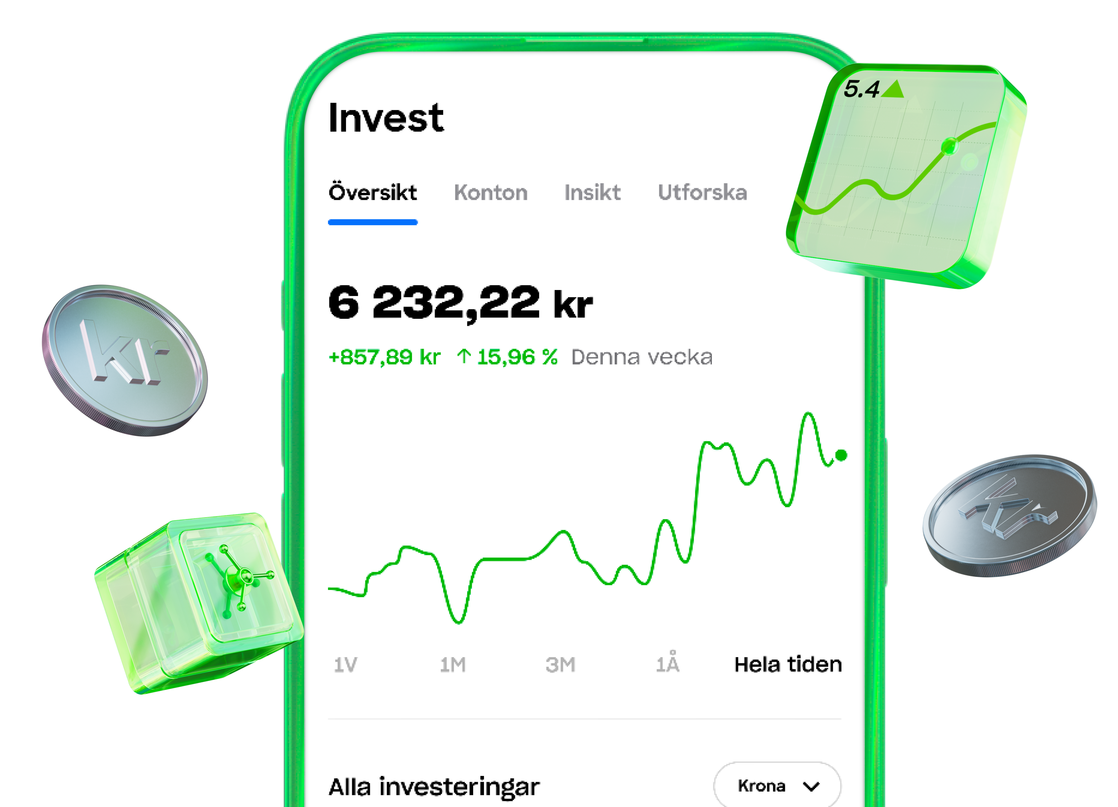 En skärmdump av en mobilapps "Invest"-skärm, som visar ett portföljvärde på 6 232,22 kr och en positiv utvecklingsgraf. 3D-ikoner av ett kassaskåp, mynt och en graf svävar i närheten.