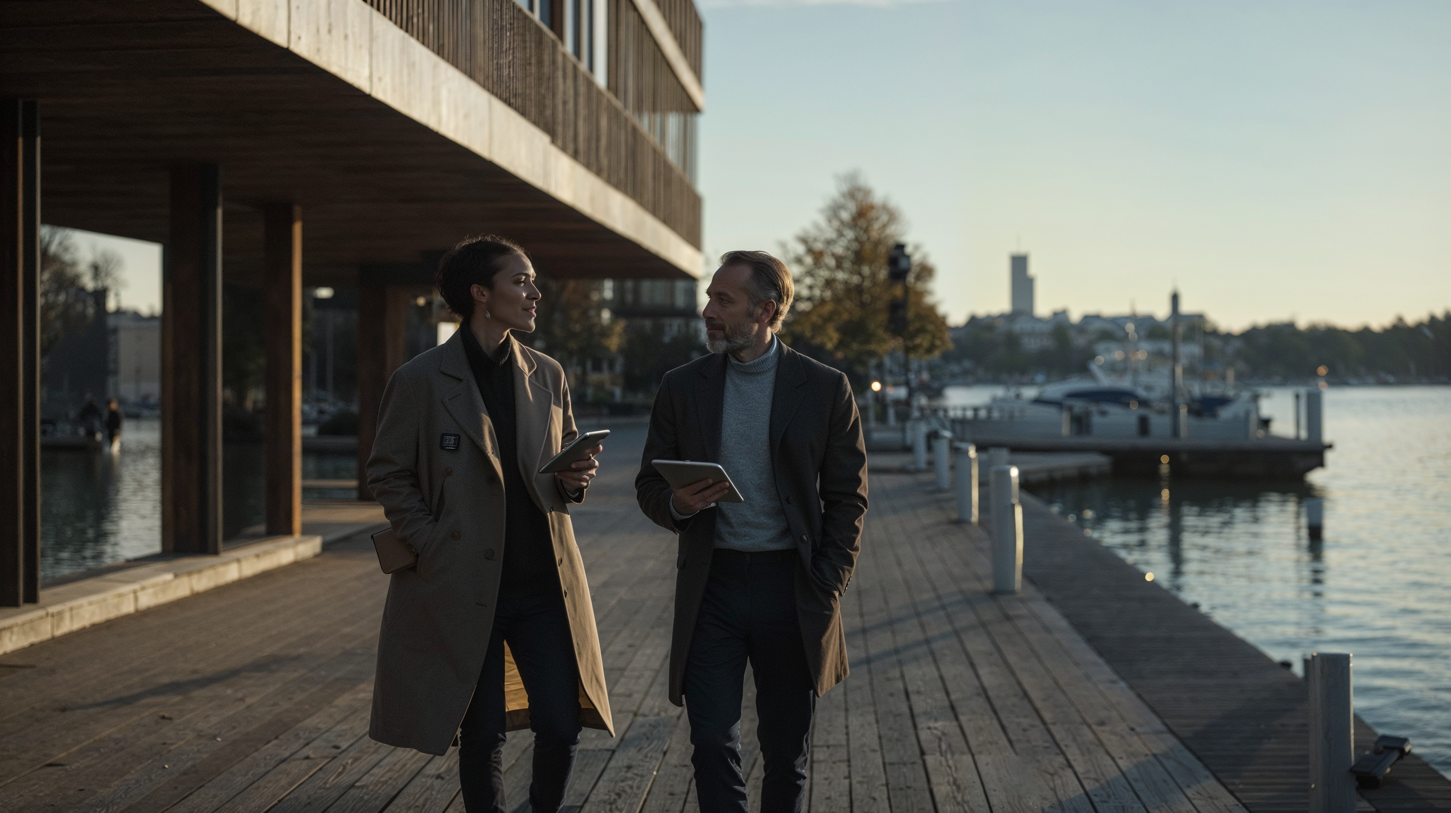 People walking on pier ocean tablet