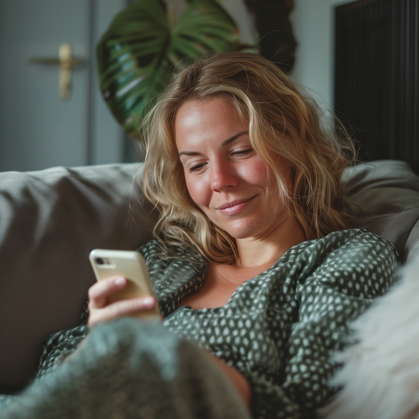 En kvinna, insvept i en mysig filt, kopplar av i en soffa och tittar ner på sin smartphone med ett mjukt, belåtet leende.