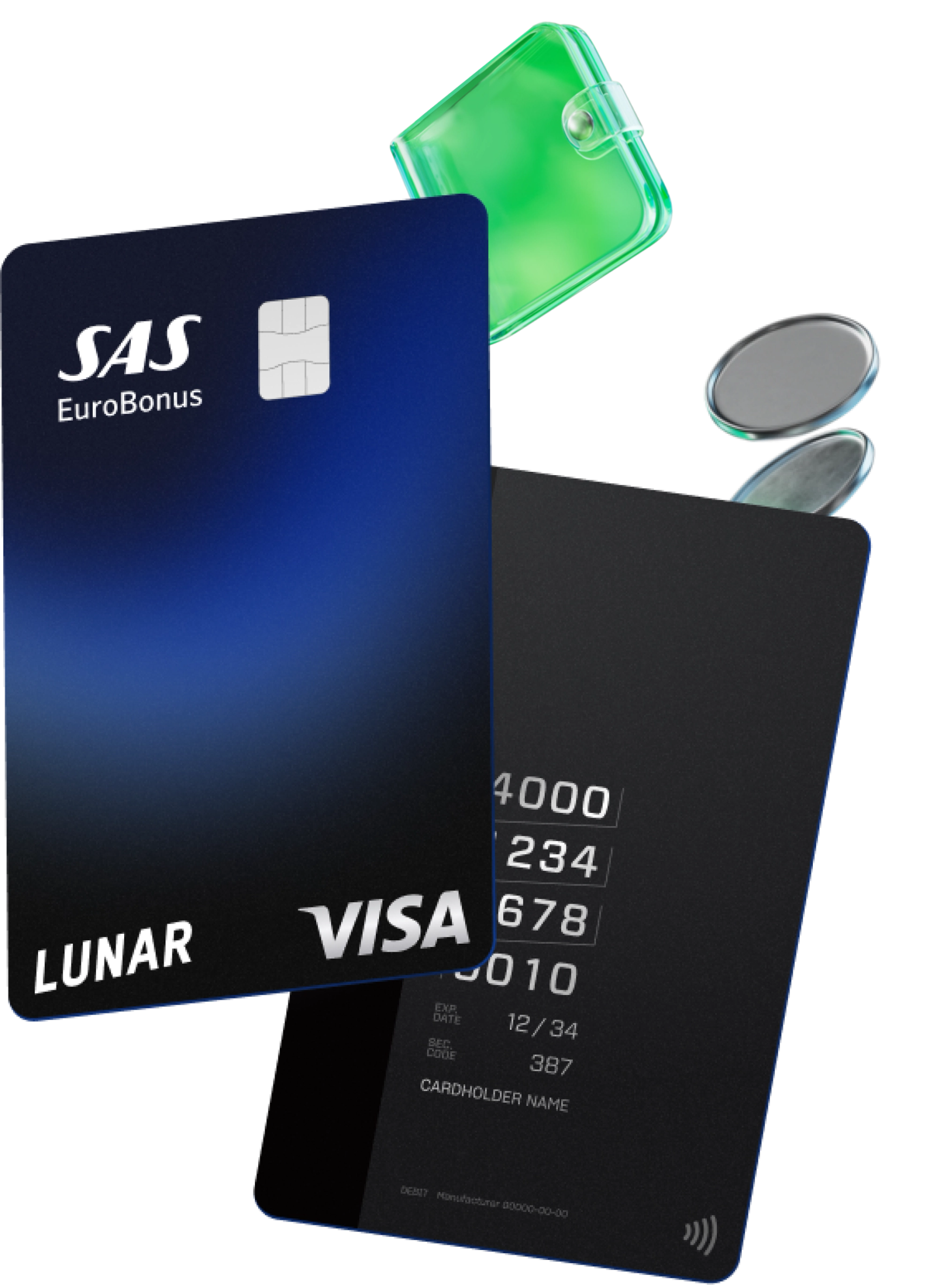 Framsidan och baksidan av Lunar SAS EuroBonus Visa-kortet, visat med 3D-ikoner av en liten plånbok och två mynt som svävar i närheten.