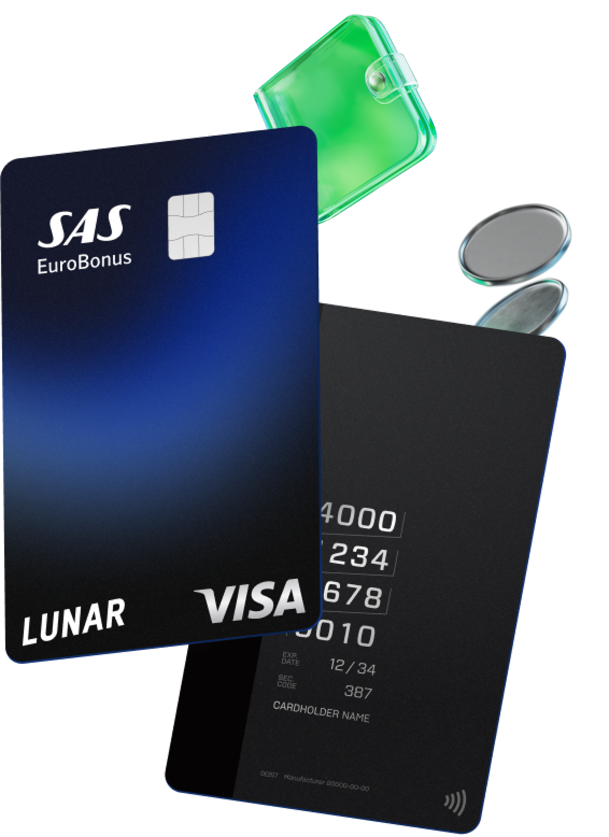 Framsidan och baksidan av Lunar SAS EuroBonus Visa-kortet, visat med 3D-ikoner av en liten plånbok och två mynt som svävar i närheten.