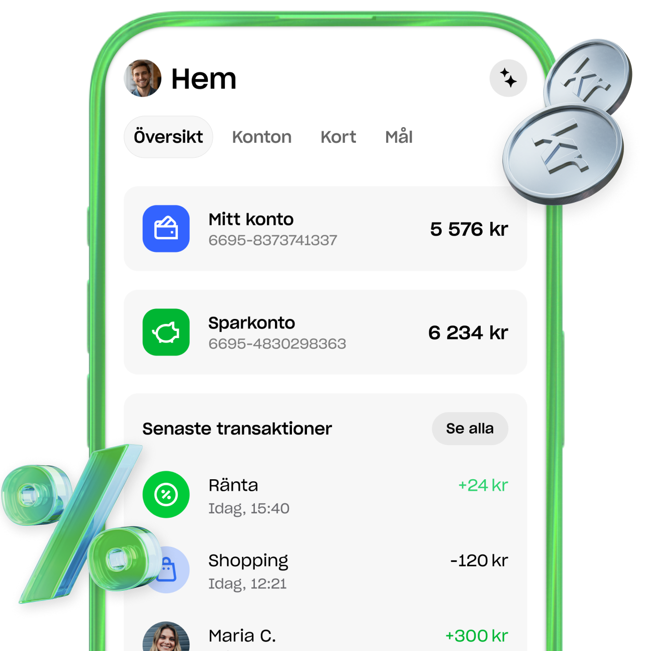 Skärmdump av Lunars hemskärm som visar en ränteinbetalning ("Ränta") på +24 kr överst i listan över de senaste transaktionerna.