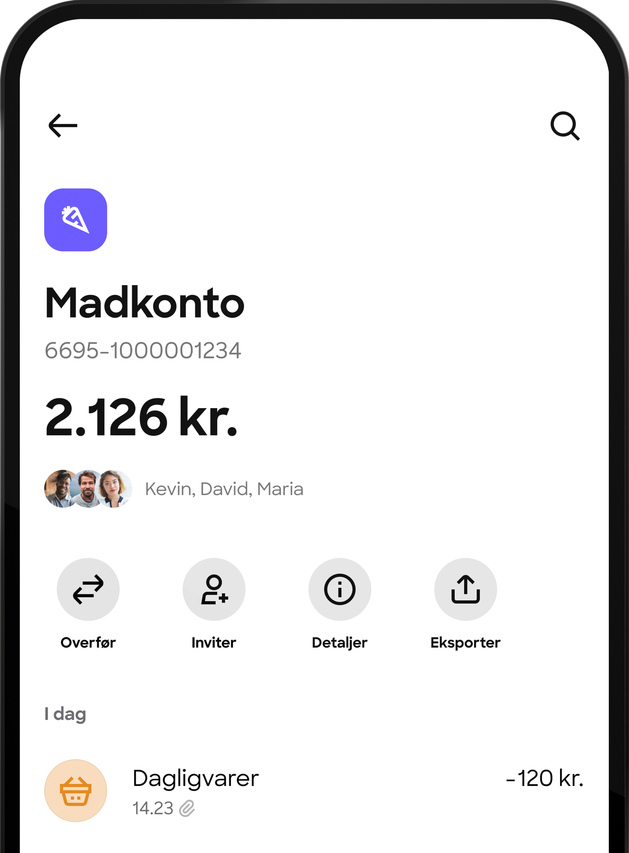 Skærmbillede af en delt "Madkonto" i en mobilapp. Den viser saldo, medlemmerne der deler kontoen, og en nylig transaktion for dagligvarer.