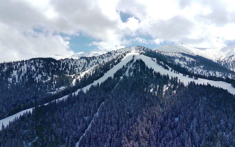 A snow-covered mountain at Ober Mountain in Gatlinburg features pine trees and ski slopes under a partly cloudy sky. Sunlight filters through the clouds, illuminating the white peaks and dark green forest below—a perfect guide to winter beauty.