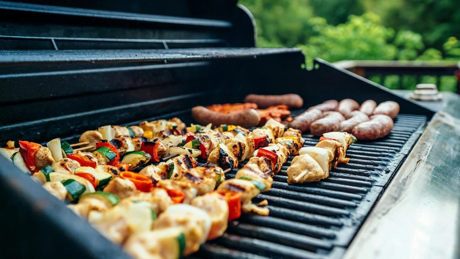 Colorful vegetable and chicken skewers, as well as sausages, sizzle on a Smokies BBQ, grilling outdoors with green trees visible in the blurred background.