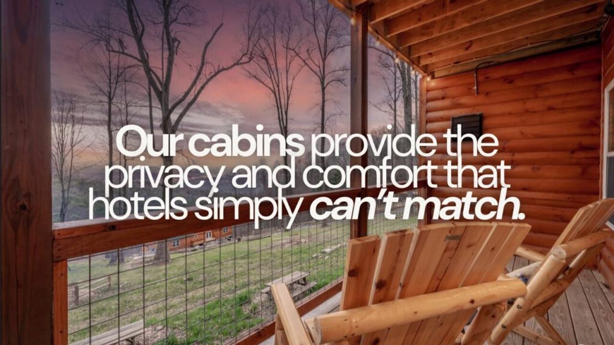 A wooden cabin porch with two wooden chairs overlooks a scenic view at sunset; bold white text reads, Discover why we stand out—our cabins provide the privacy and comfort that hotels simply can’t match.