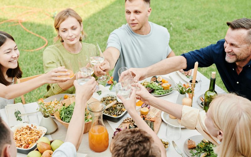A group of people sitting around an outdoor table on a grassy lawn near Gatlinburg, raising their glasses for a toast. The table is filled with dishes and drinks, perfect after exploring Smoky Mountain waterfalls or hikes near Gatlinburg.