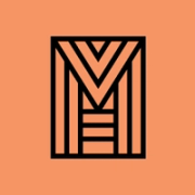 A bold black geometric design resembling the letter M within a rectangle on a solid orange background. The lines create a symmetrical pattern with vertical and diagonal elements.