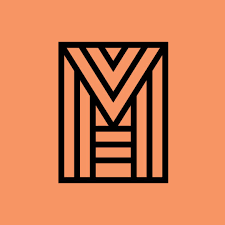 A bold black geometric design resembling the letter M within a rectangle on a solid orange background. The lines create a symmetrical pattern with vertical and diagonal elements.