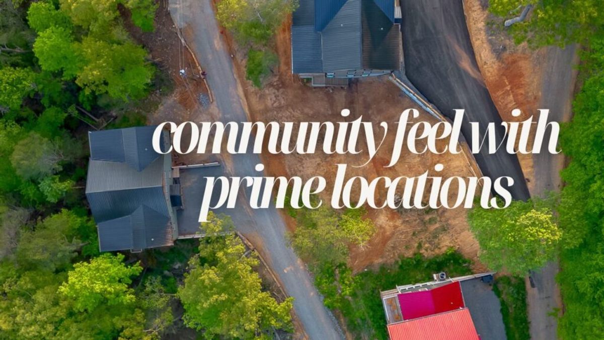 Aerial view of houses surrounded by trees with text overlay: community feel with prime locations—discover why we stand out in your search for the perfect home.