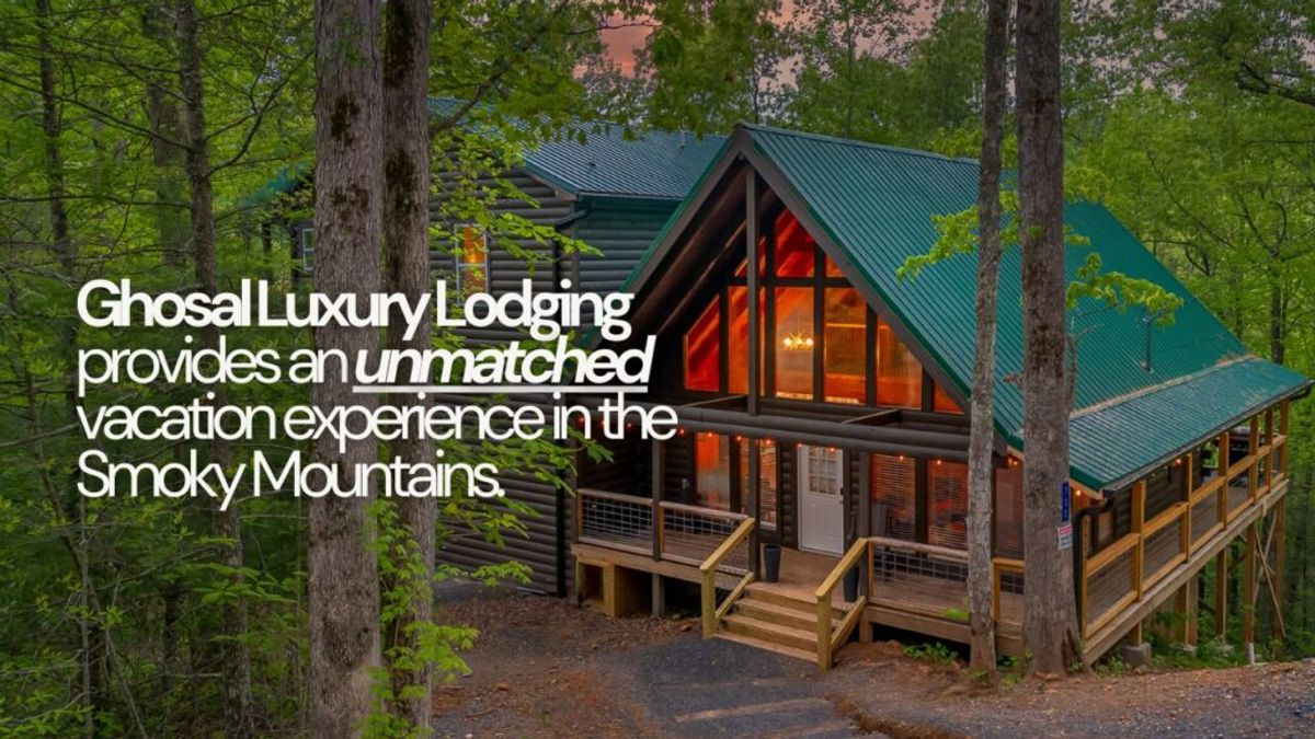 A modern log cabin with large windows and a green roof sits among tall trees; text reads, Discover Why We Stand Out—Ghosal Luxury Lodging provides an unmatched vacation experience in the Smoky Mountains.