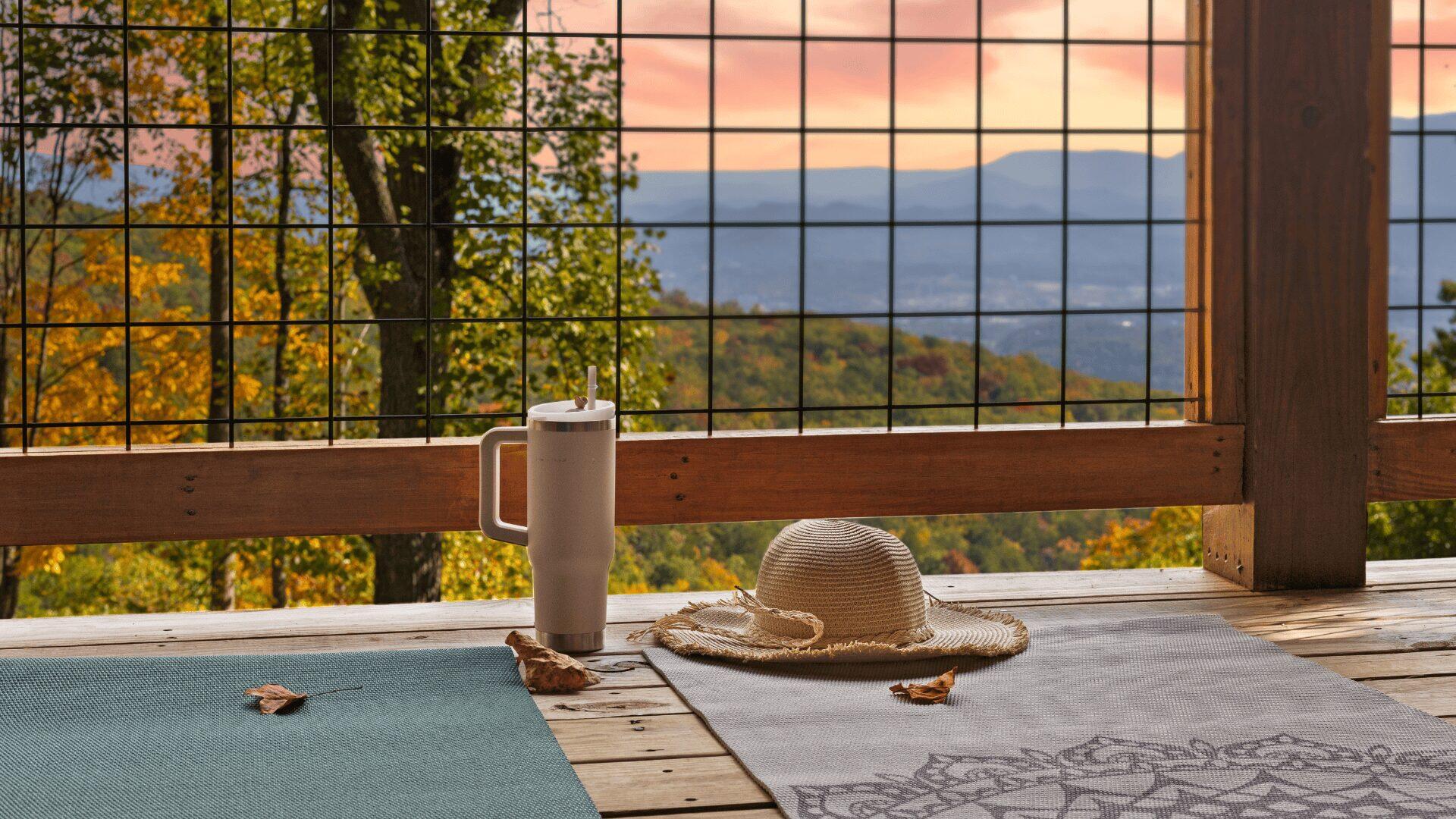 A sun hat resting on the floor next to a drinks cup, with a view over the valley.