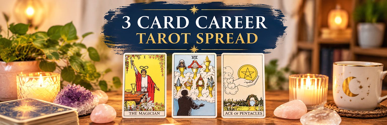 3 Card Career Tarot Spread - the Magician, Seven of Cups and the Ace of Pentacles.