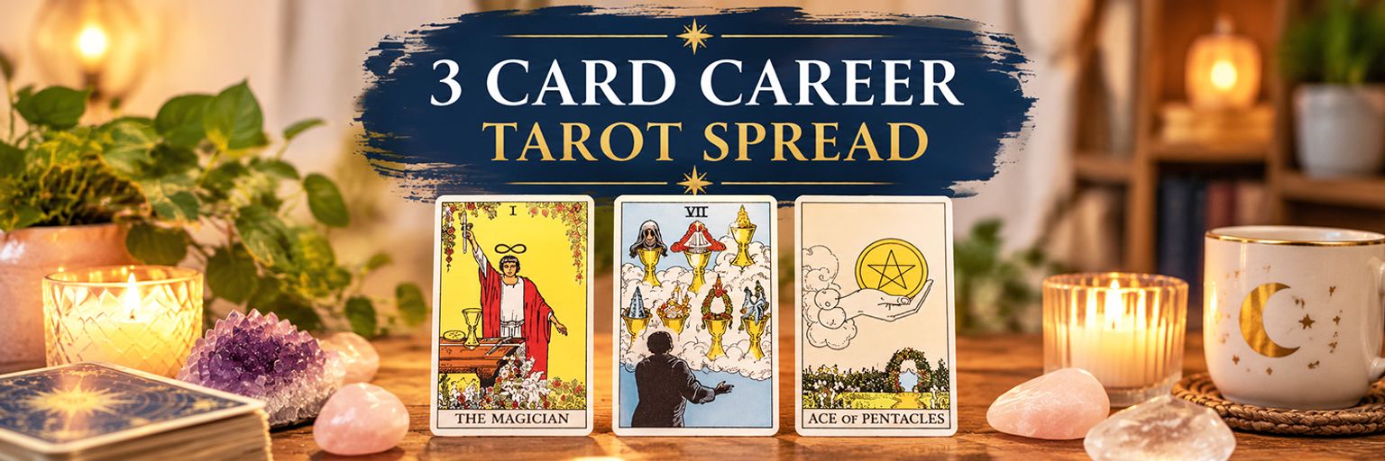 3 Card Career Tarot Spread - the Magician, Seven of Cups and the Ace of Pentacles.