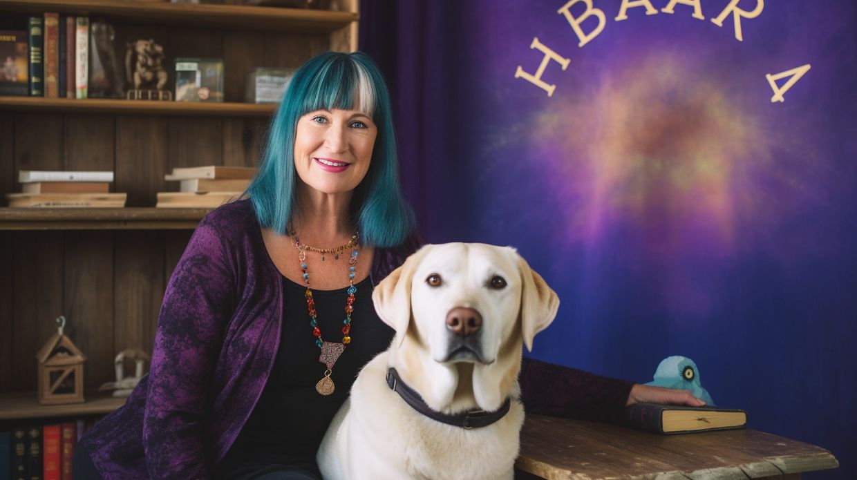 A white labrador sitting next to a psychic reader