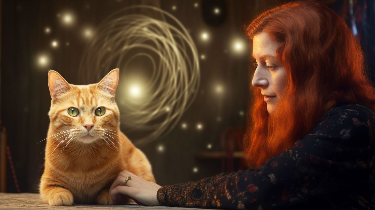 A ginger cat sitting next to a female psychic reader