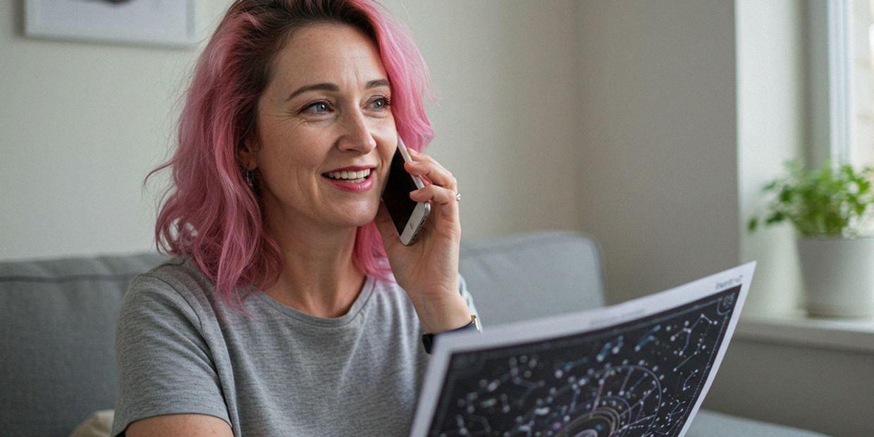 A lady with pink hair giving a horoscope reading on the phone