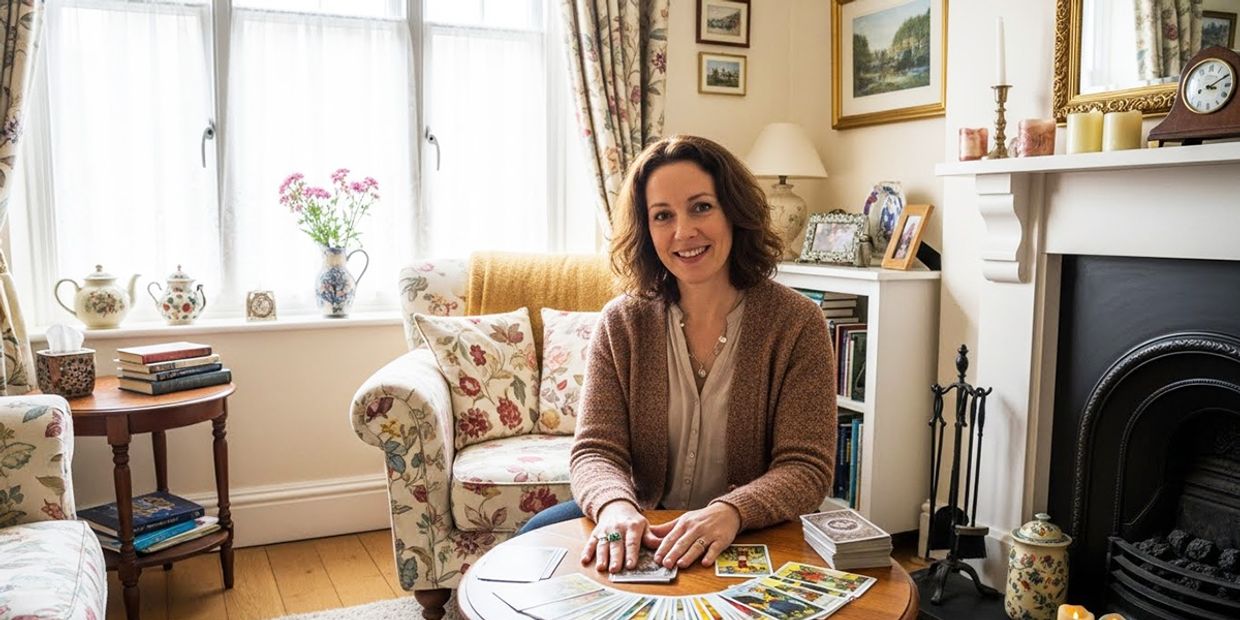 A British Psychic reader, sitting in her cosy living room with her tarot cards spread out on her table.