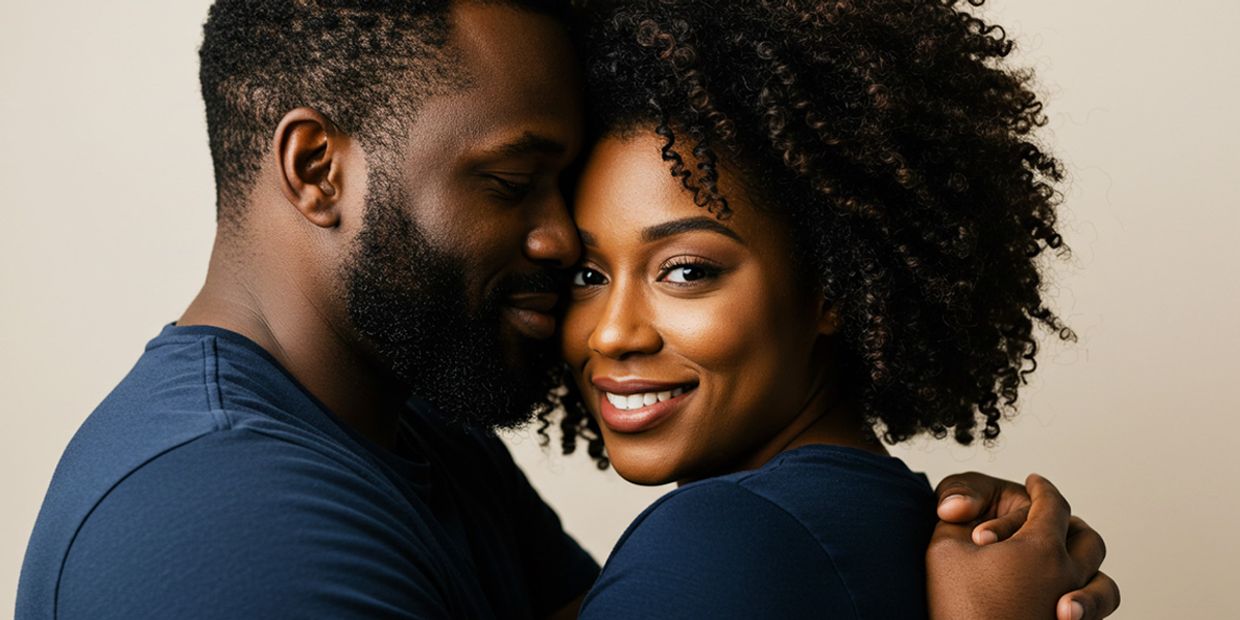 A couple in their 30s embracing and being in love.