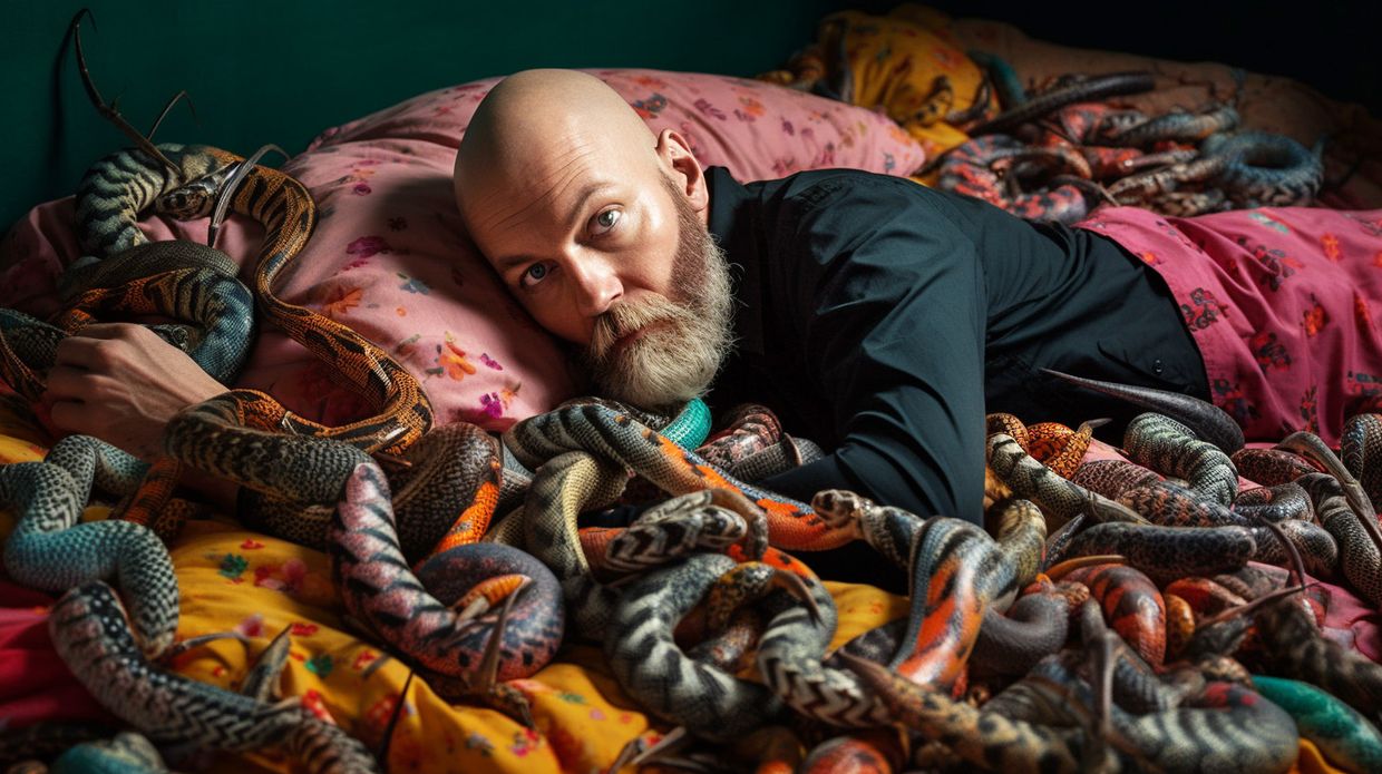 A man on his bed with snakes around him