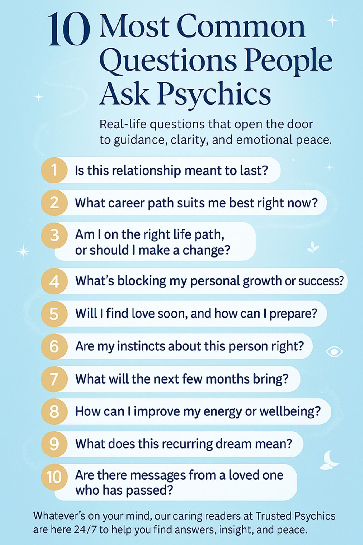 Infographic listing the ten most common questions people ask psychics, featuring topics like love, relationships, career paths, personal growth, spiritual wellbeing, recurring dreams, and messages from loved ones, designed in Trusted Psychics’ light blue and gold colour scheme.