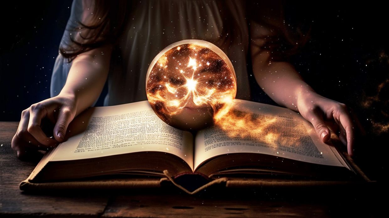 A magical crystal ball perched in-between an ancient book