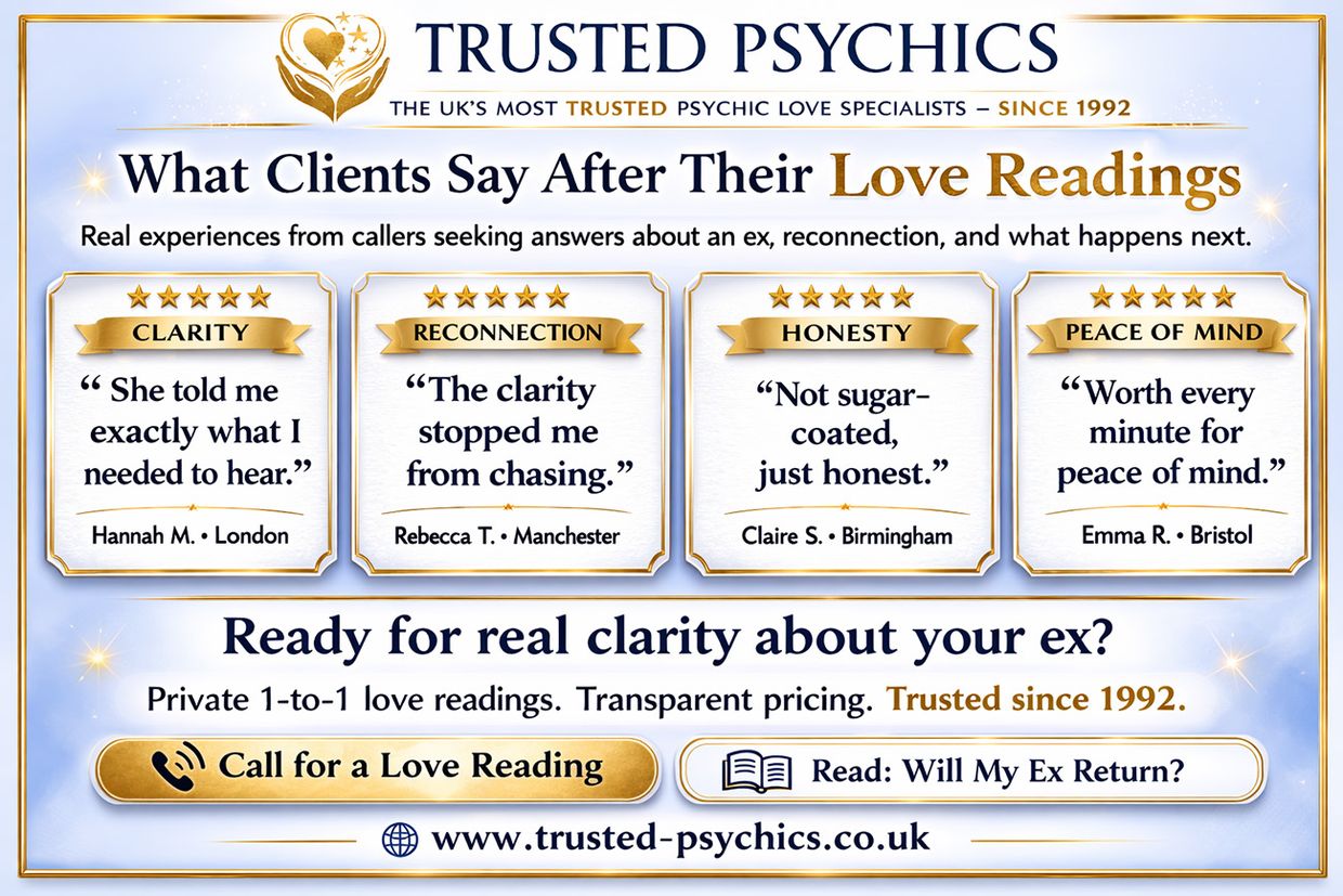Does My Ex Miss Me? Infographic on client reviews after a Love Reading with Trusted Psychics.