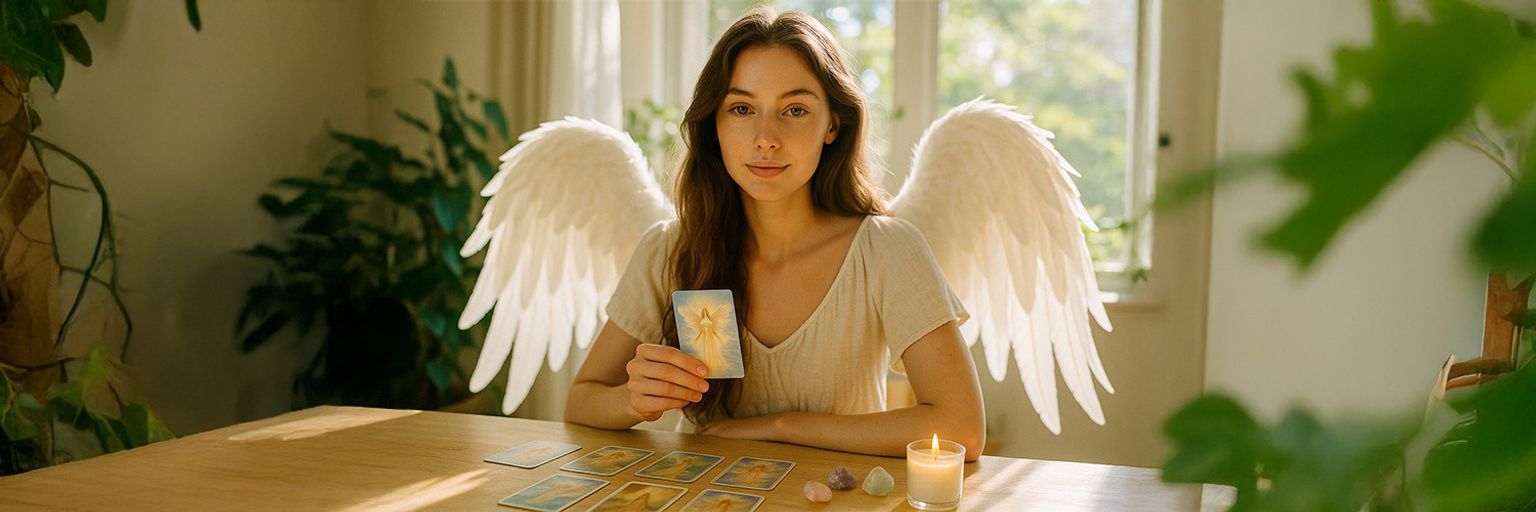 A female angel sitting at her desk holding an angel card.