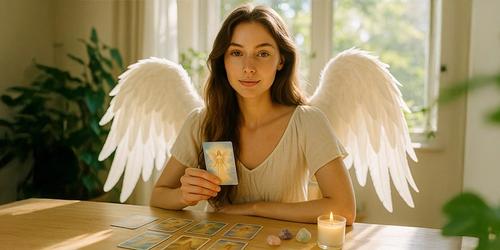 A female angel sitting at her desk holding an angel card.