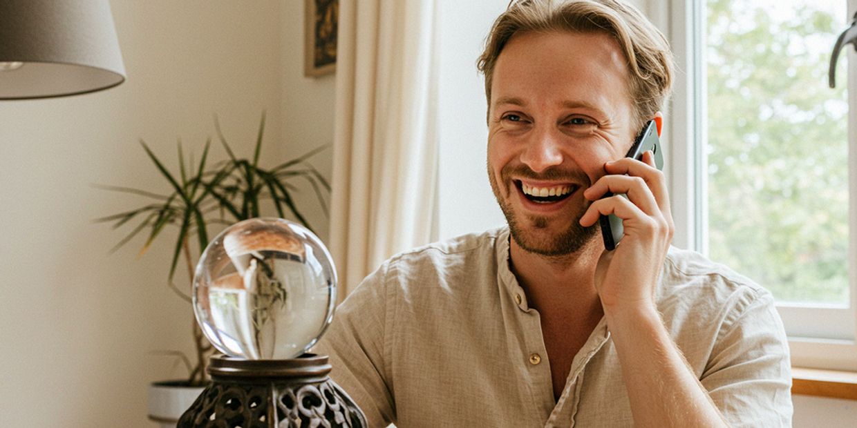 A psychic crystal ball reader, doing a reading on his phone.