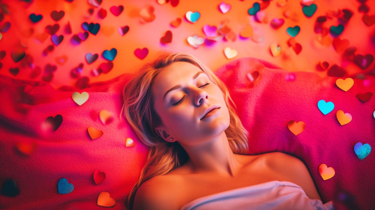 A woman asleep with love hearts in the background