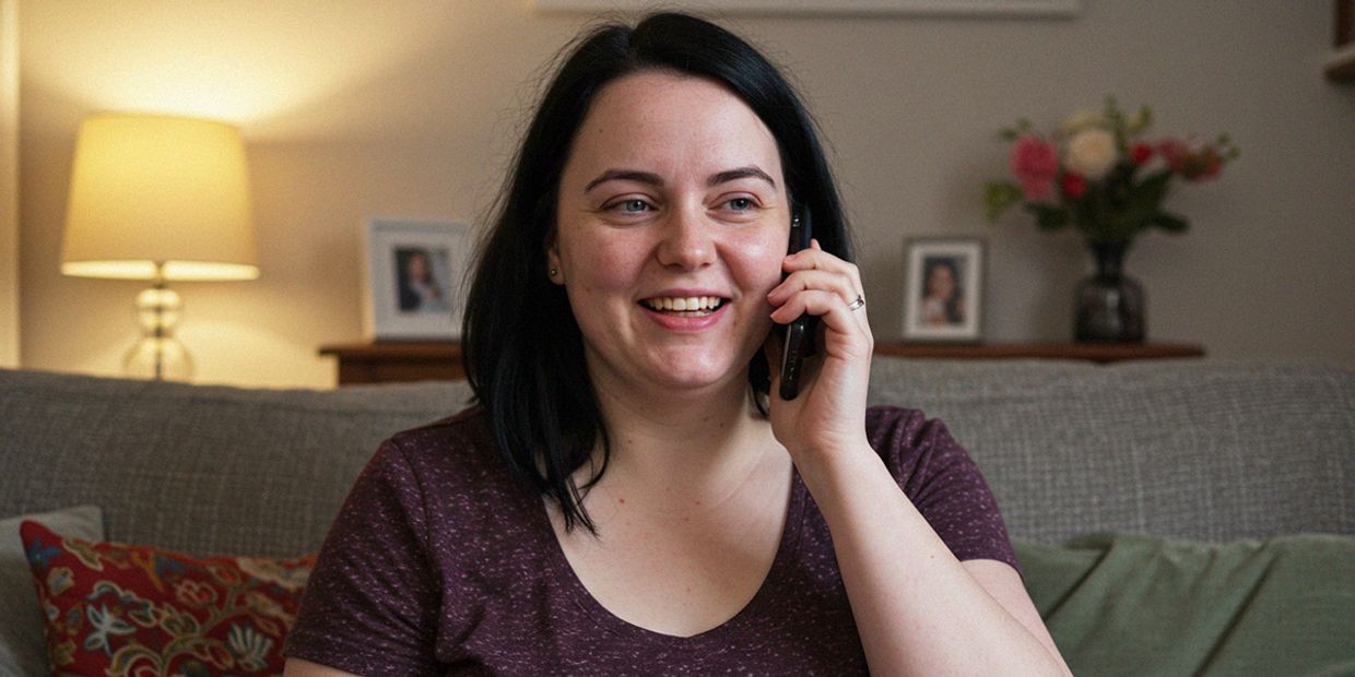 A middle aged woman, sitting in her well lit living room, giving a phone psychic reading.