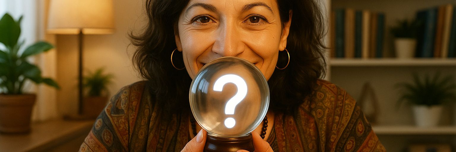 A psychic reader holding a crystal ball with a question mark inside