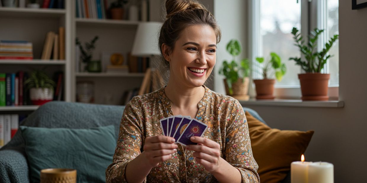 A smiling female tarot card reader, reading the Tarot cards in her living room.