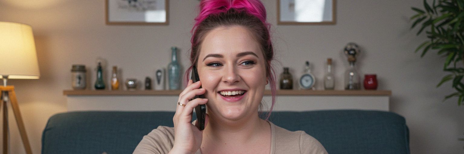 A female psychic reader with pink hair, on the phone, giving a psychic reading.