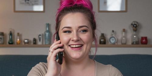 A female psychic reader with pink hair, on the phone, giving a psychic reading.