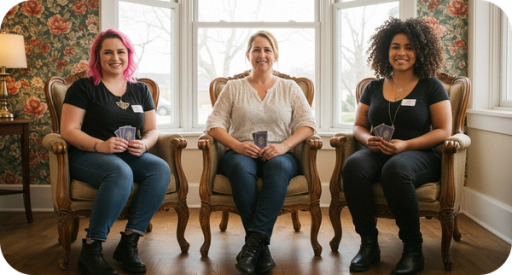 A group of female psychic readers sitting together, giving each other a psychic reading.