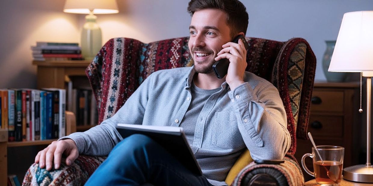 A young man using his phone to call a psychic tarot phone line.