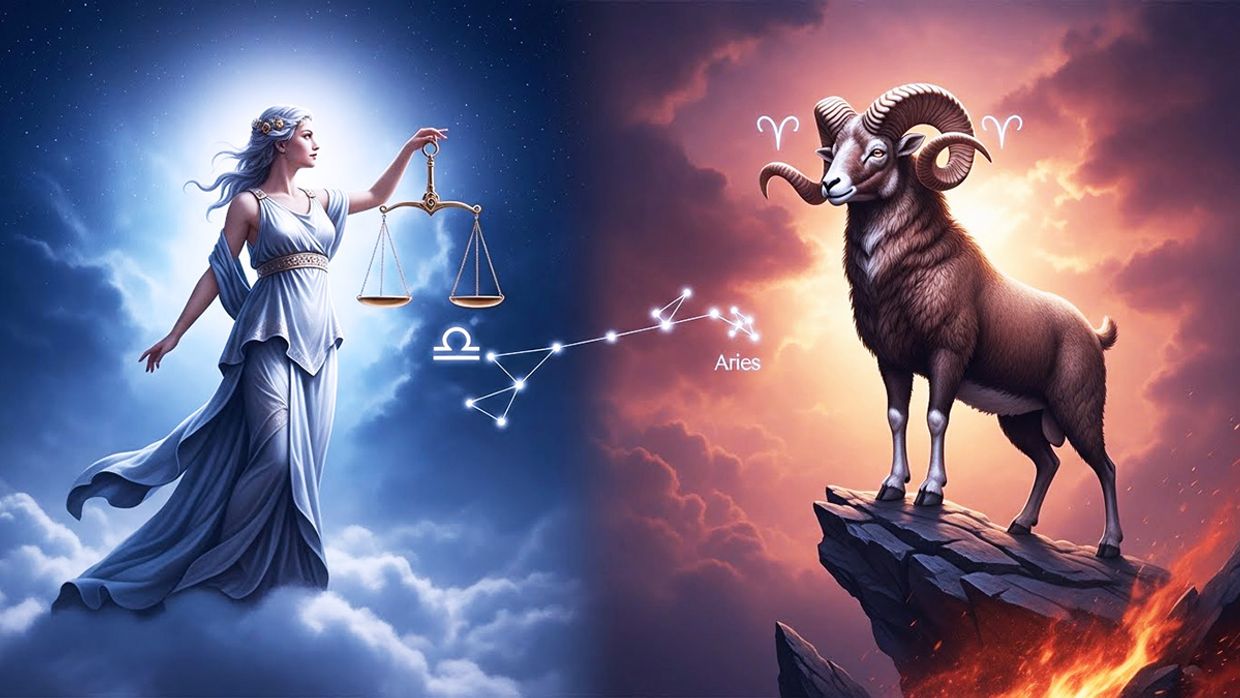 Artwork of Libra holding scales beside Aries the ram, showing contrasting zodiac energies and astrological relationship dynamics.